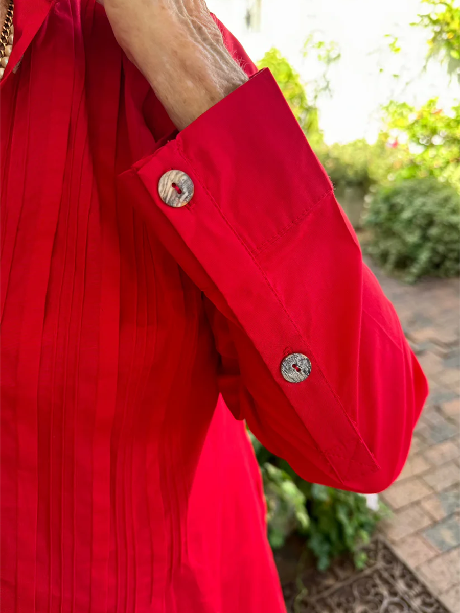 Accordion Pleated Dress - Cotton Linen Shirt Collar, Lightweight Summer Casual