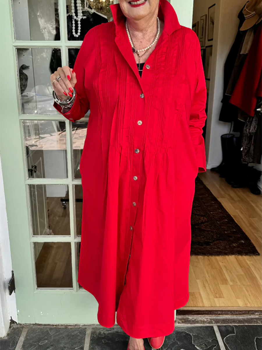 Accordion Pleated Dress - Cotton Linen Shirt Collar, Lightweight Summer Casual