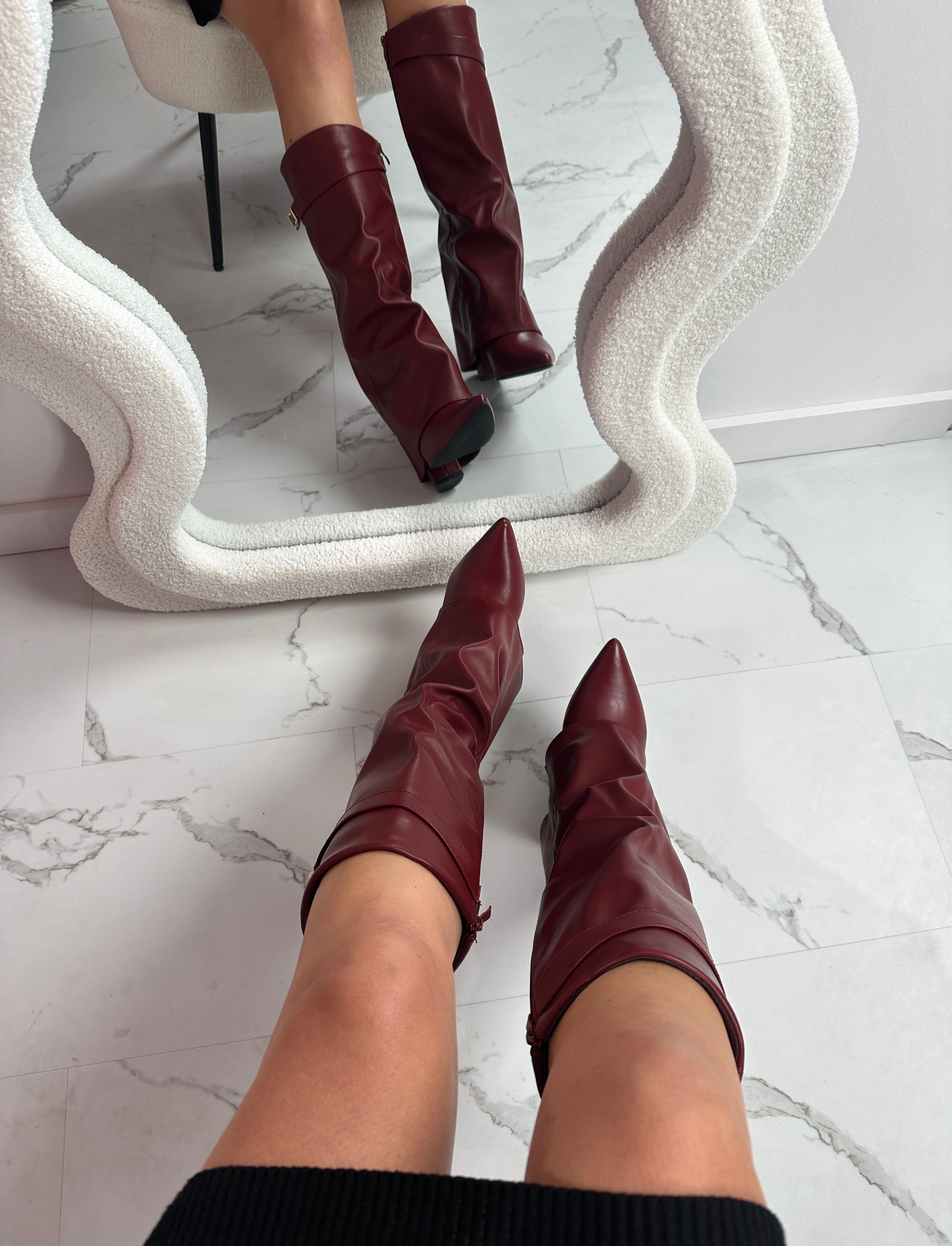 Burgundy Leather Boots – Elegant Knee High Boots With Buckle Detail