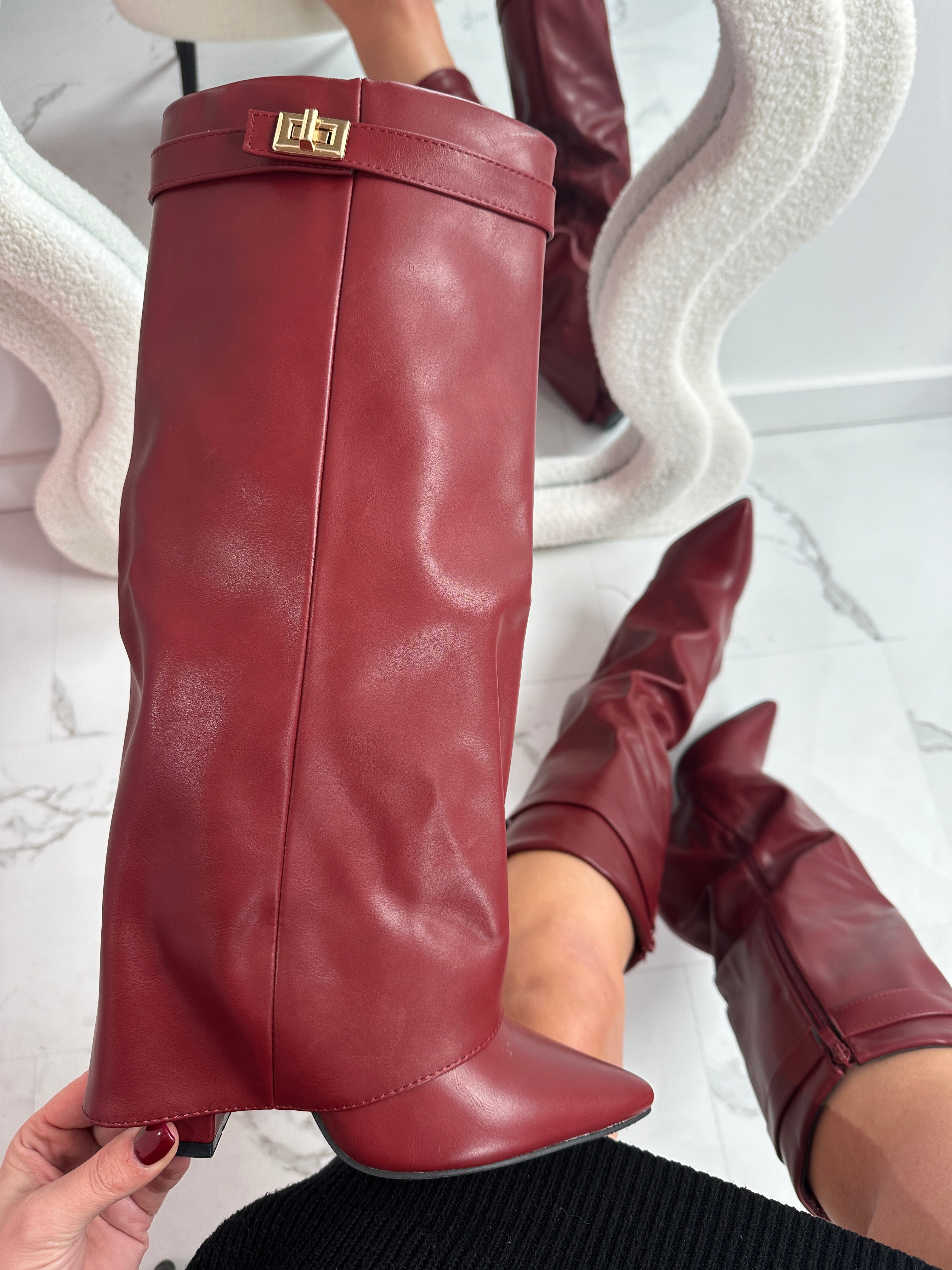 Burgundy Leather Boots – Elegant Knee High Boots With Buckle Detail