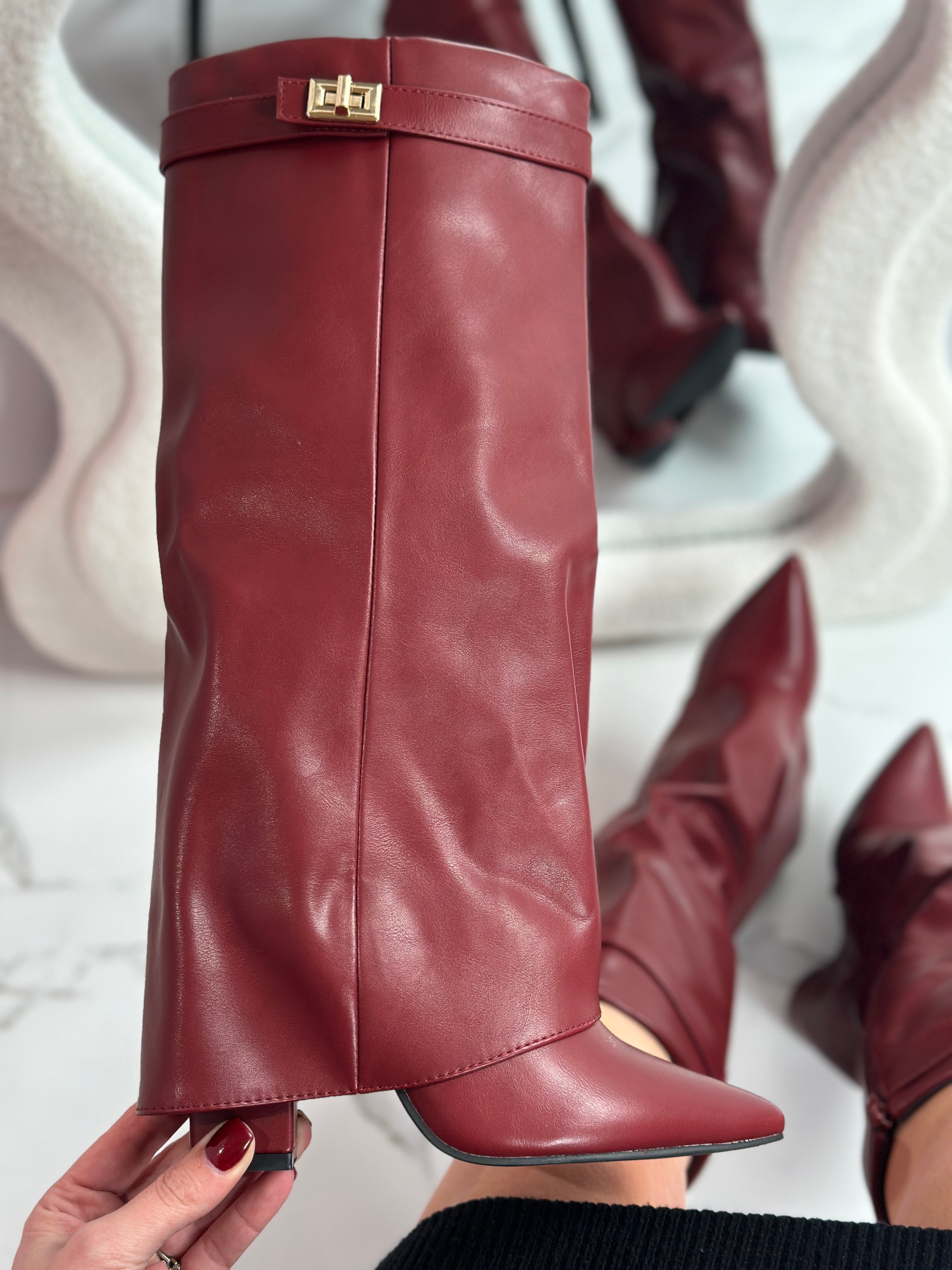 Burgundy Leather Boots – Elegant Knee High Boots With Buckle Detail