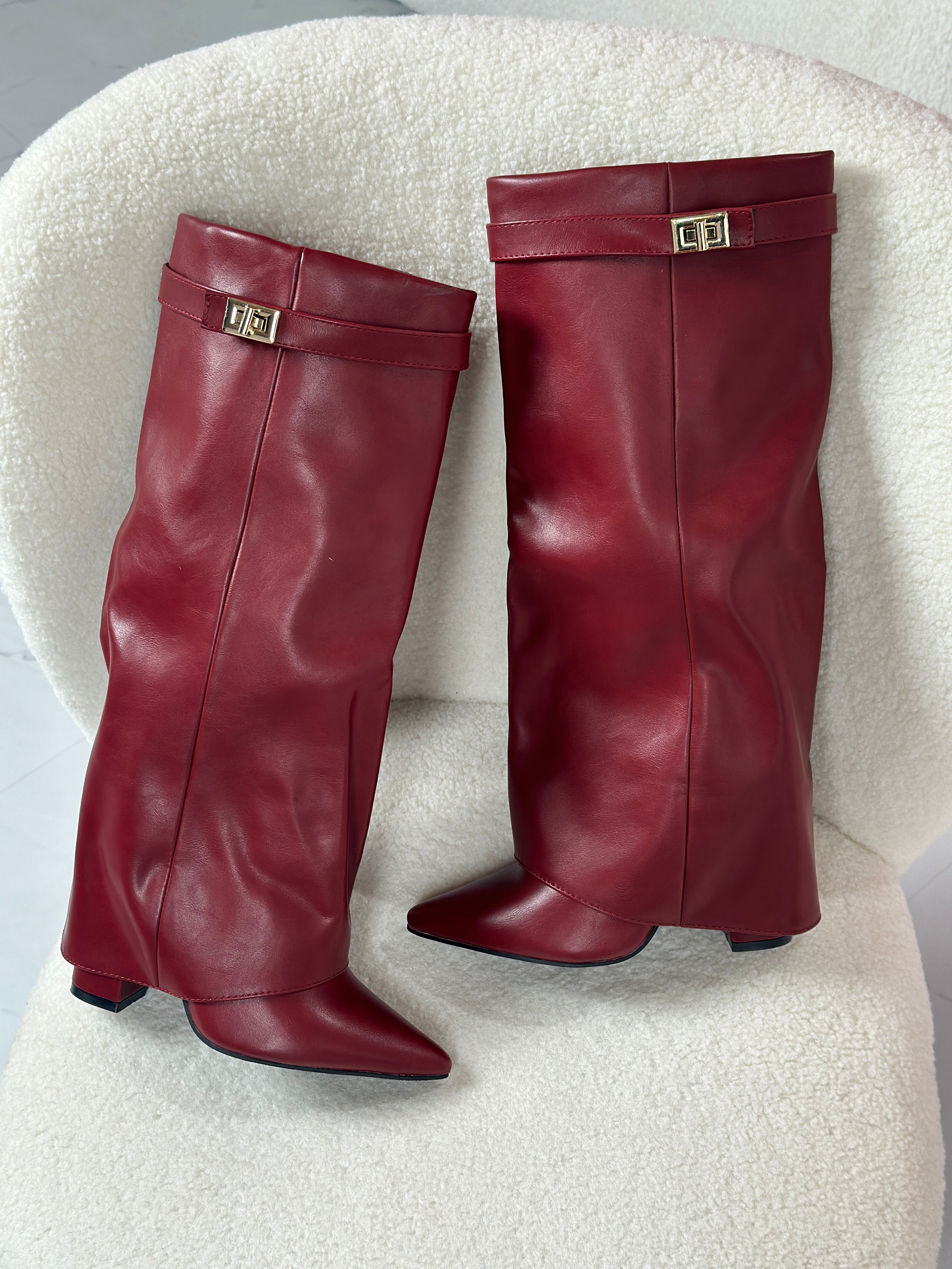 Burgundy Leather Boots – Elegant Knee High Boots With Buckle Detail