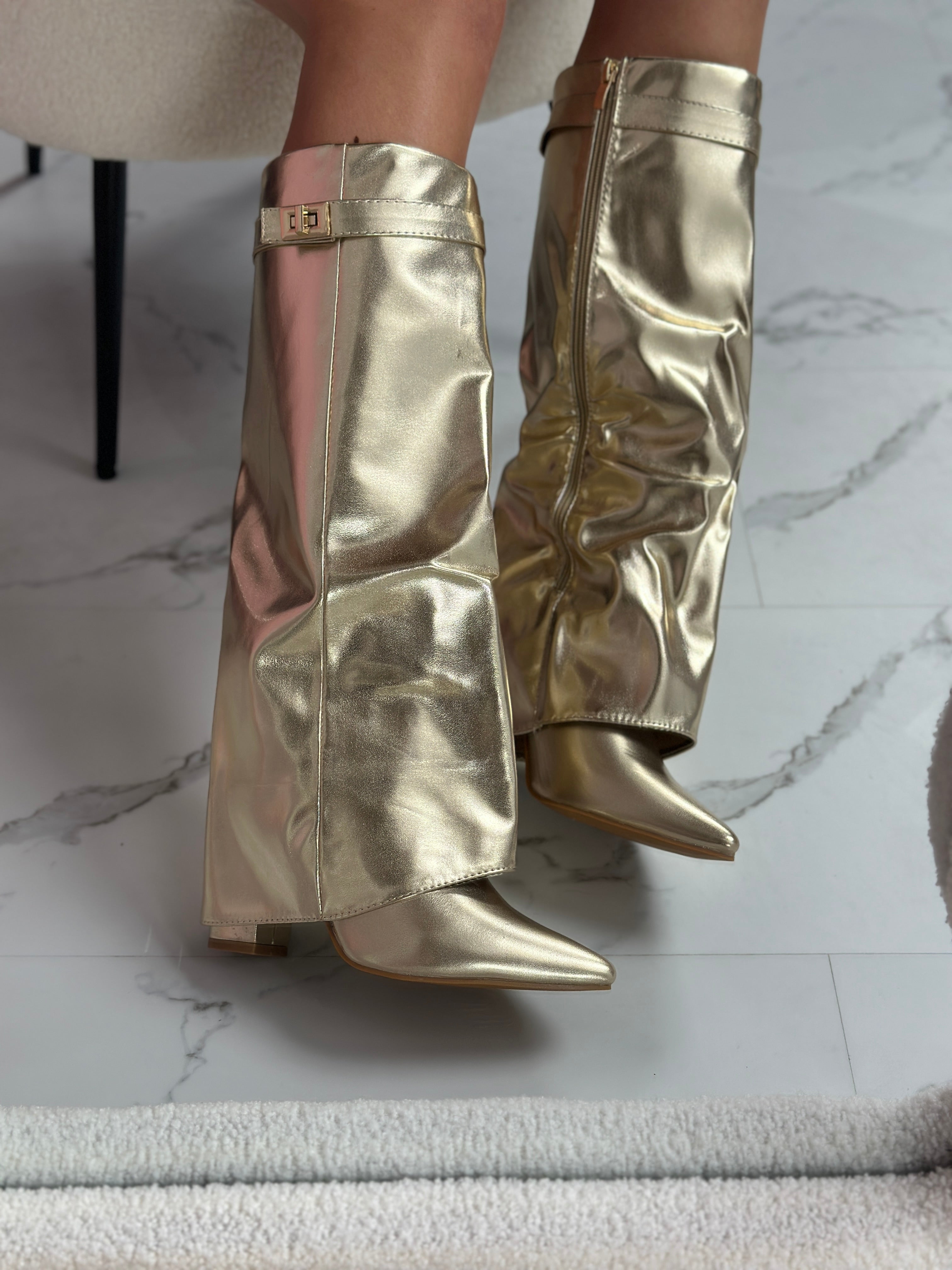 Gold Leather Boots – Seraphina™ Knee High Metallic Pointed Toe Fashion Footwear