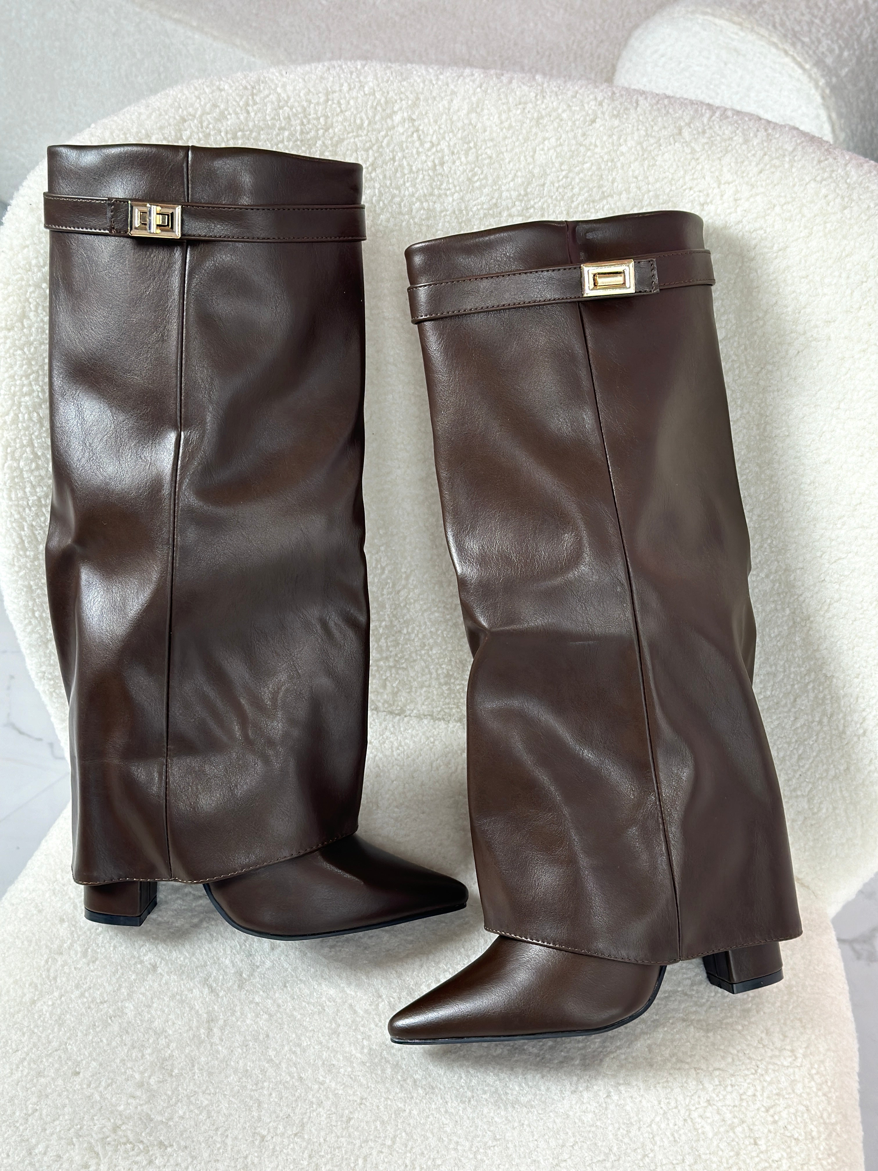 Brown Leather Boots - Knee High Pointed Toe Stylish Buckle Design