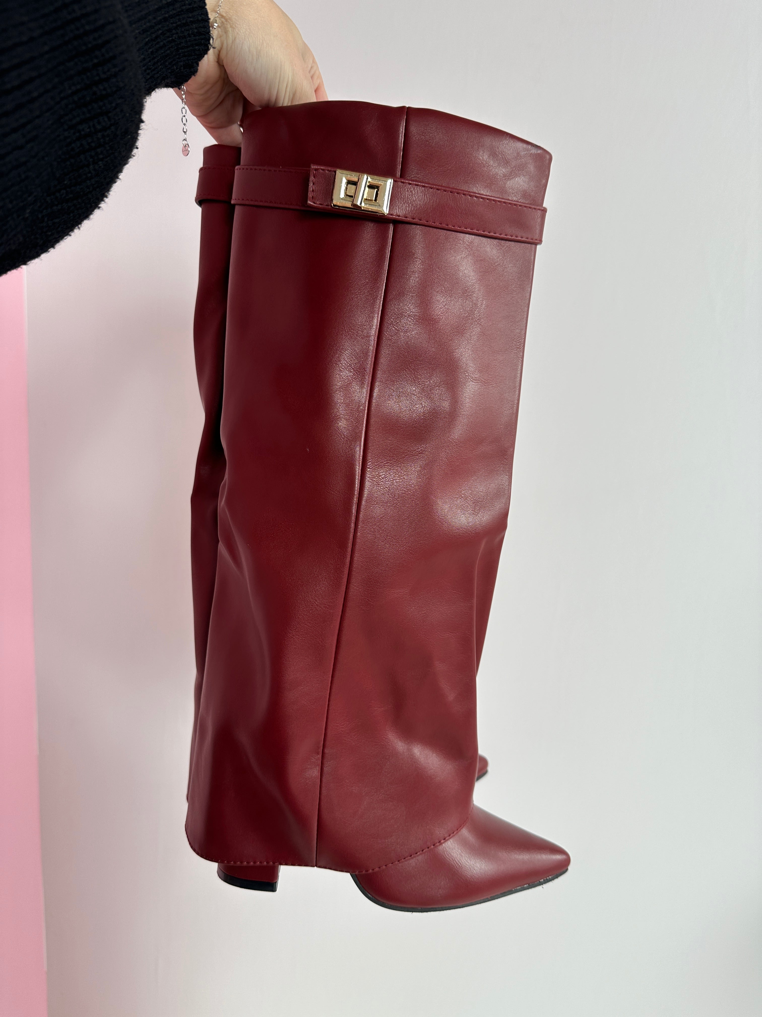 Burgundy Leather Boots – Elegant Knee High Boots With Buckle Detail