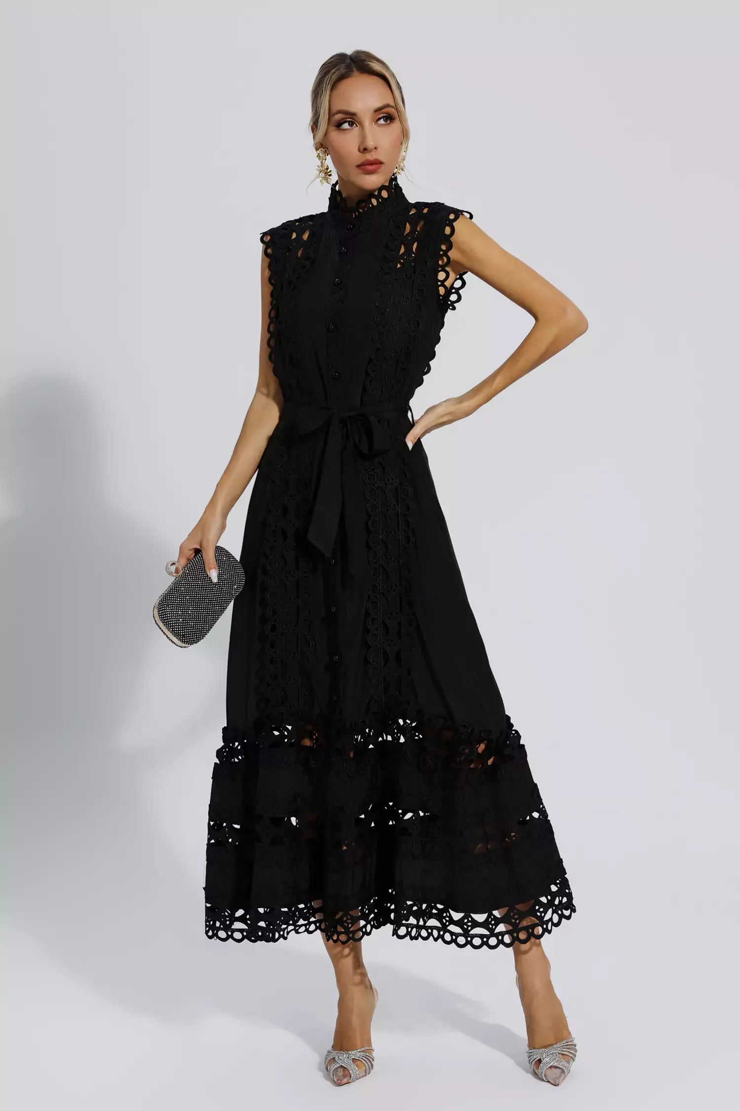 Black Sleeveless Maxi Dress – Elegant Hollow Detail Evening Gown in Polyester