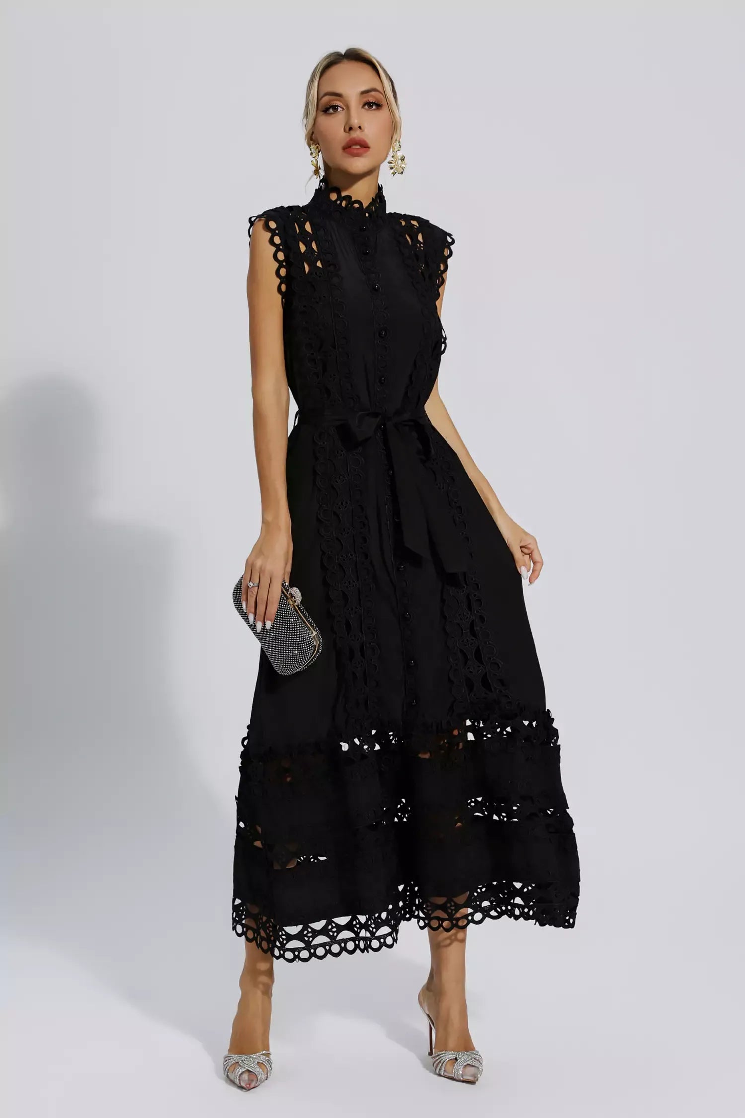 Black Sleeveless Maxi Dress – Elegant Hollow Detail Evening Gown in Polyester