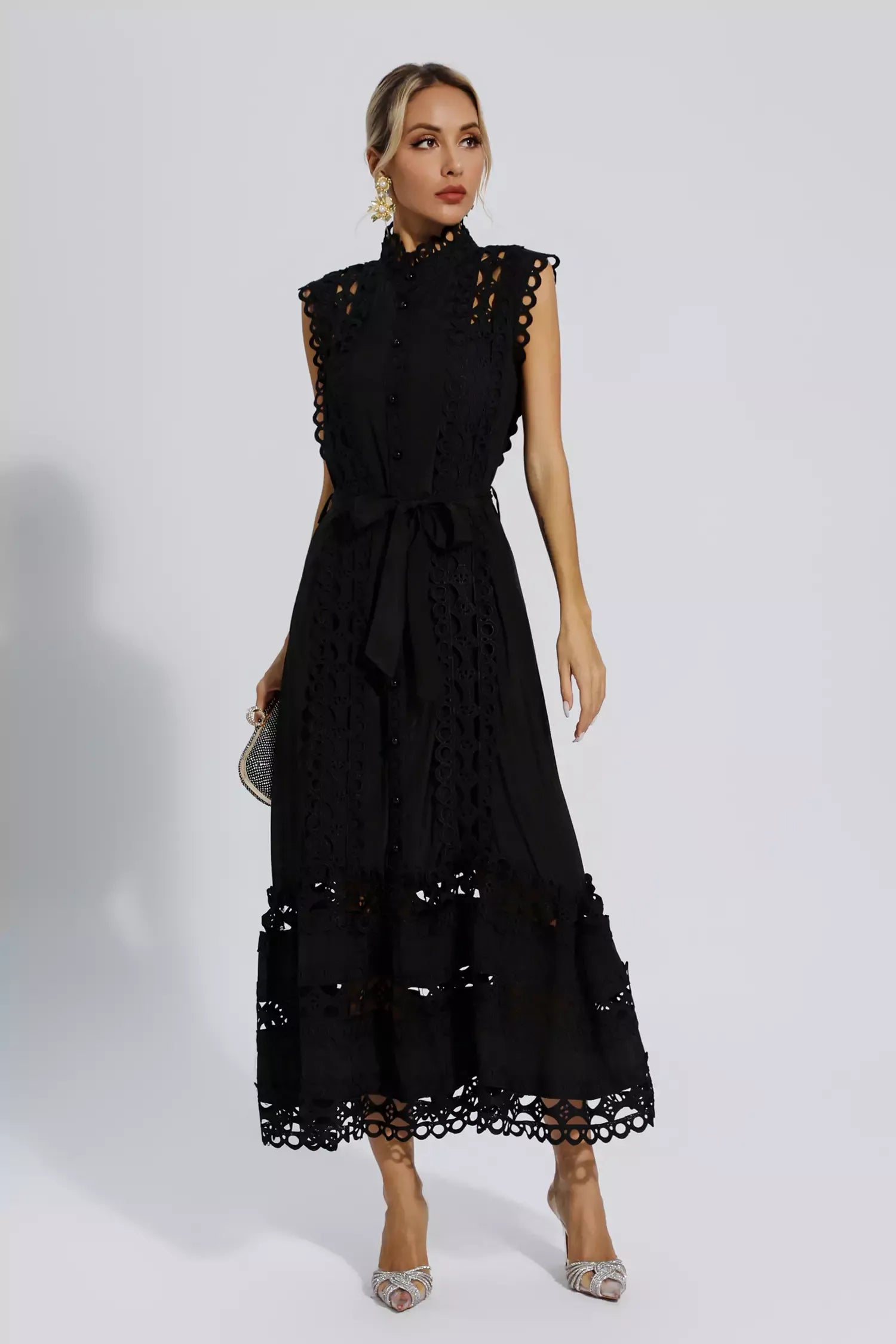 Black Sleeveless Maxi Dress – Elegant Hollow Detail Evening Gown in Polyester