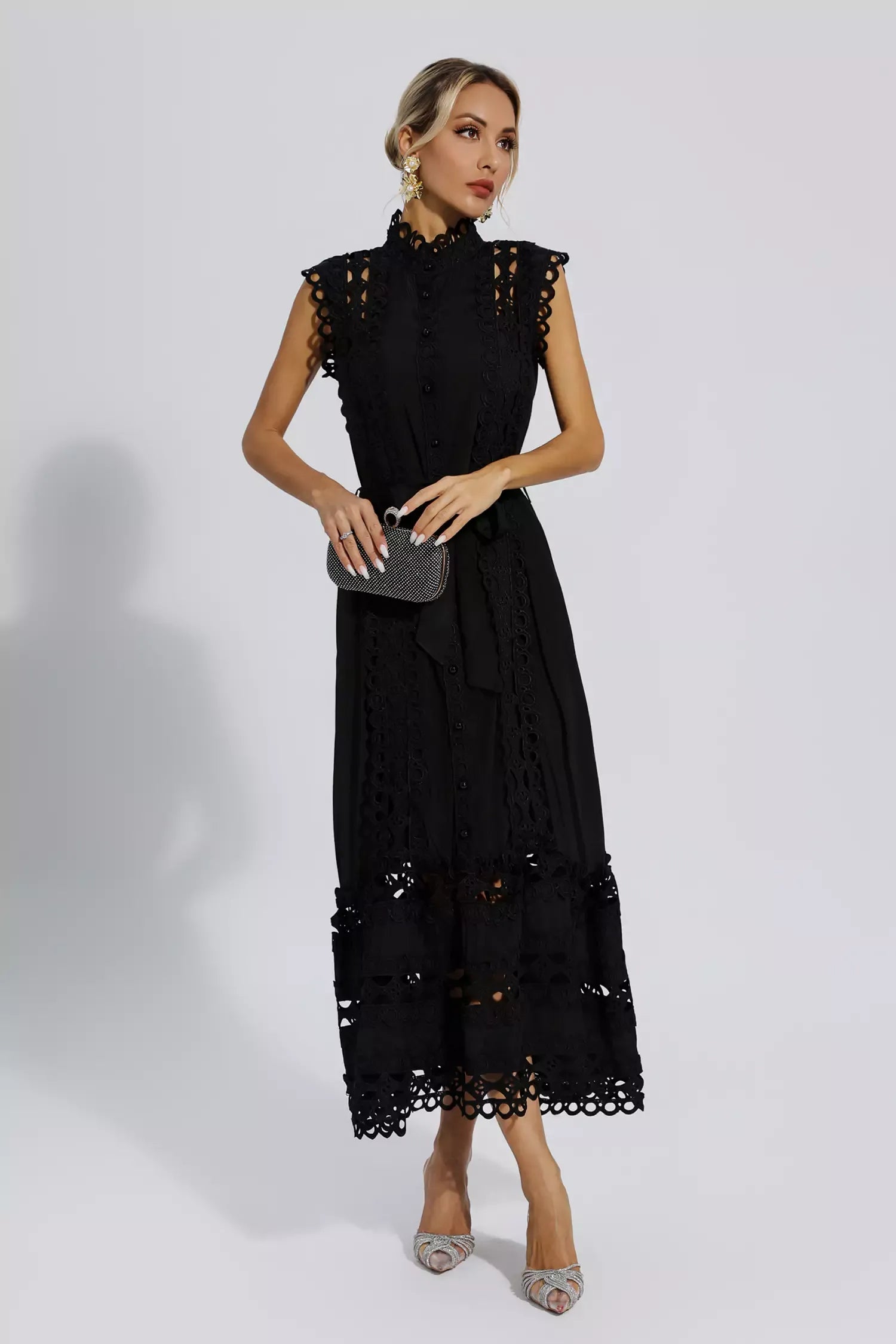 Black Sleeveless Maxi Dress – Elegant Hollow Detail Evening Gown in Polyester