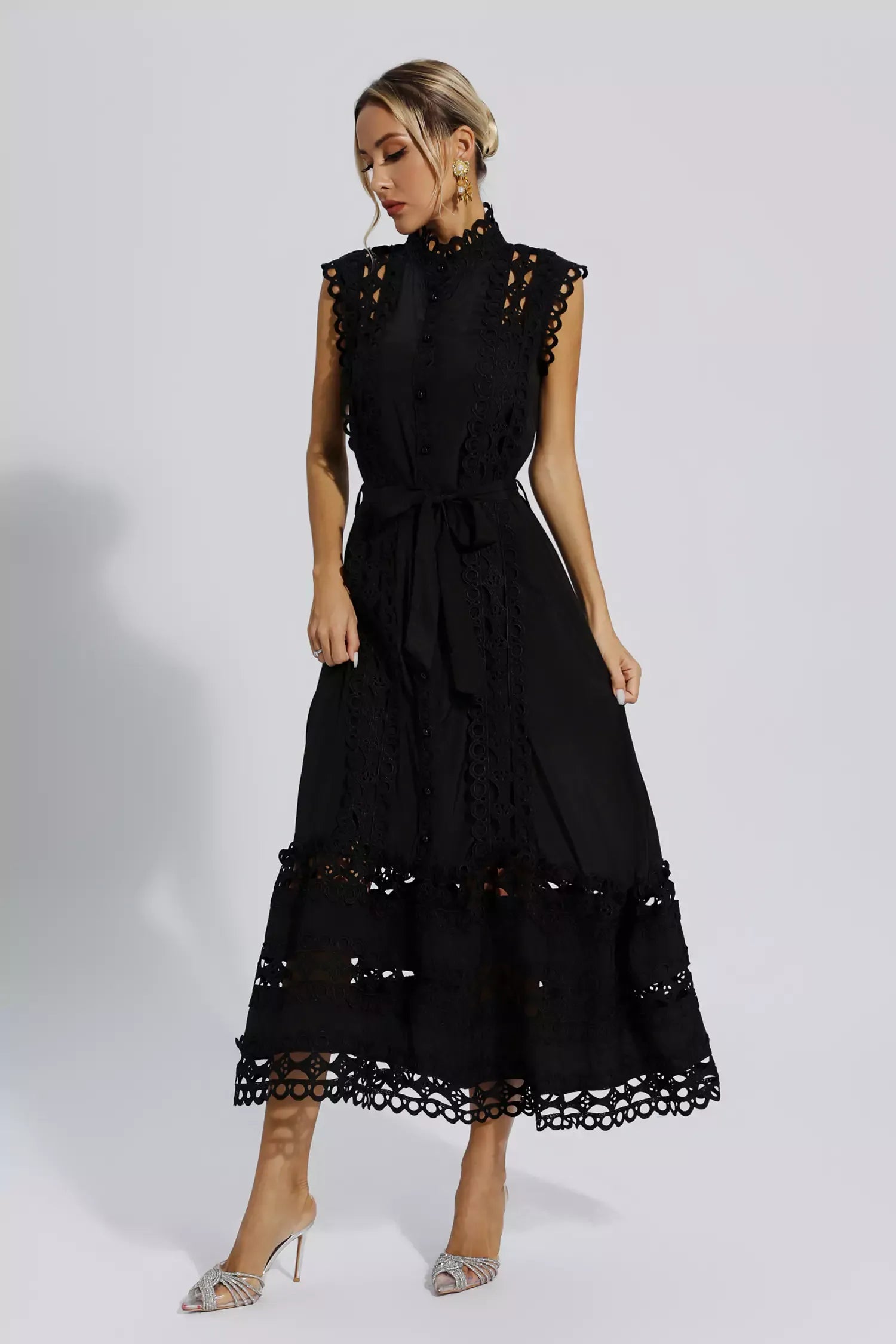 Black Sleeveless Maxi Dress – Elegant Hollow Detail Evening Gown in Polyester
