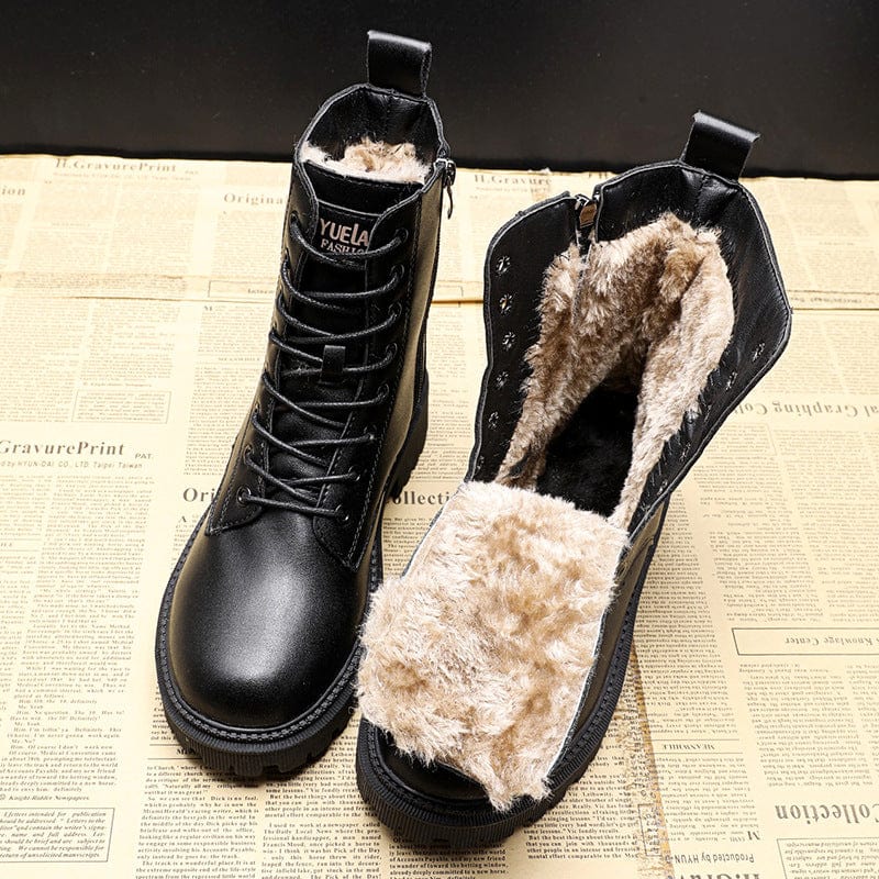 Warm Lined Winter Boots – Black Faux Leather Fur Lined Adjustable Buckle