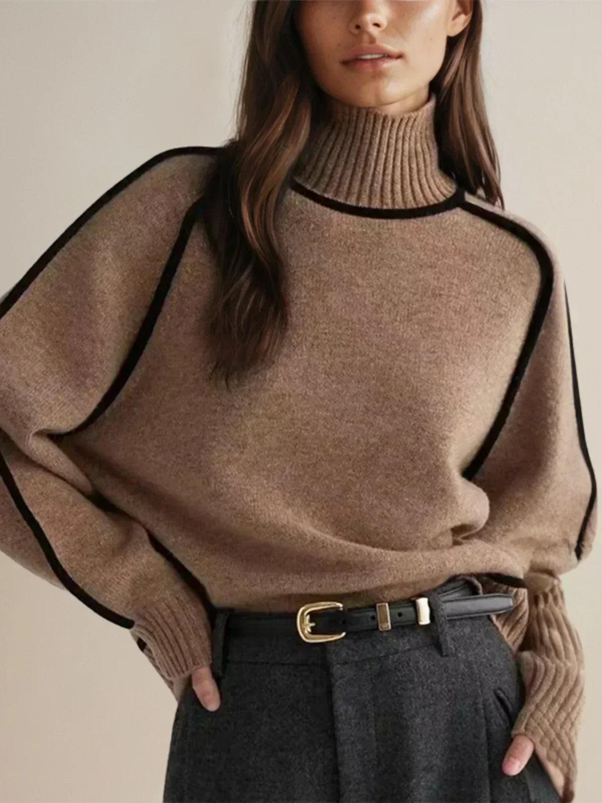 Elegant Turtleneck Sweater – Soft Medium Knit, Relaxed Fit Sweater with Contrast Piping