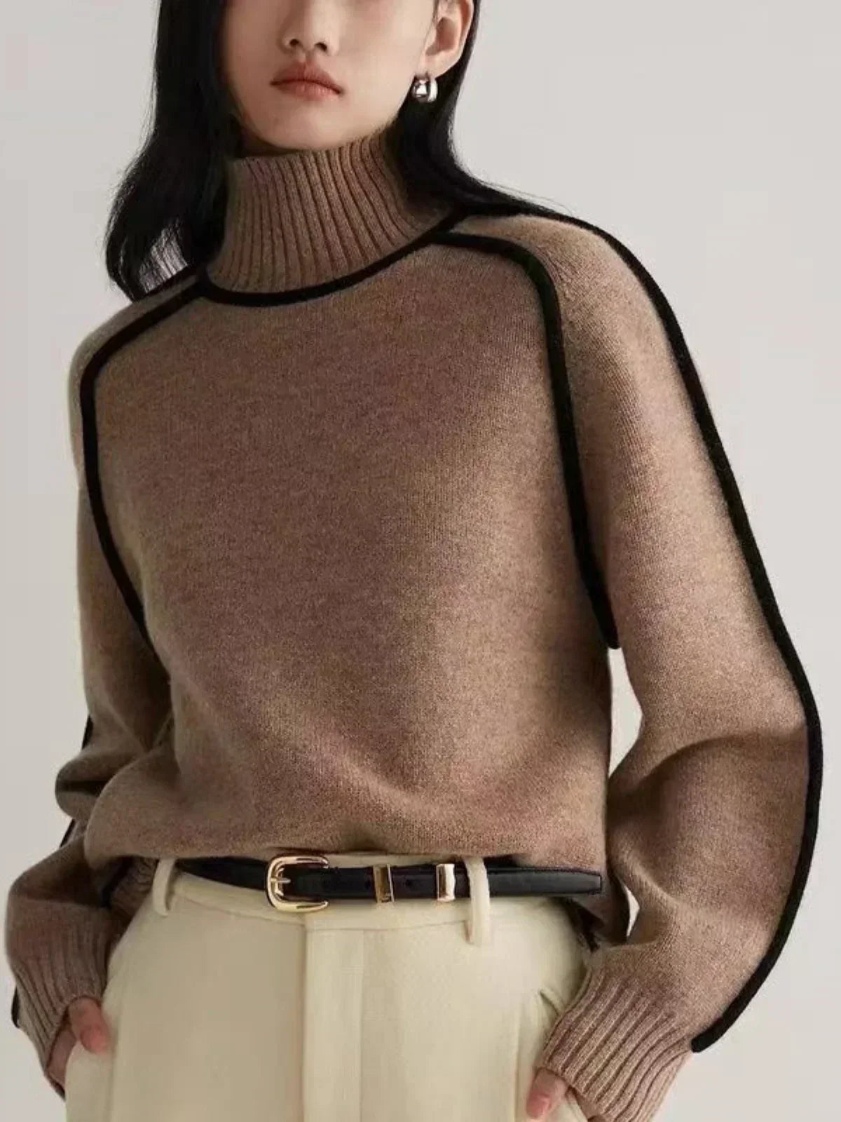 Elegant Turtleneck Sweater – Soft Medium Knit, Relaxed Fit Sweater with Contrast Piping