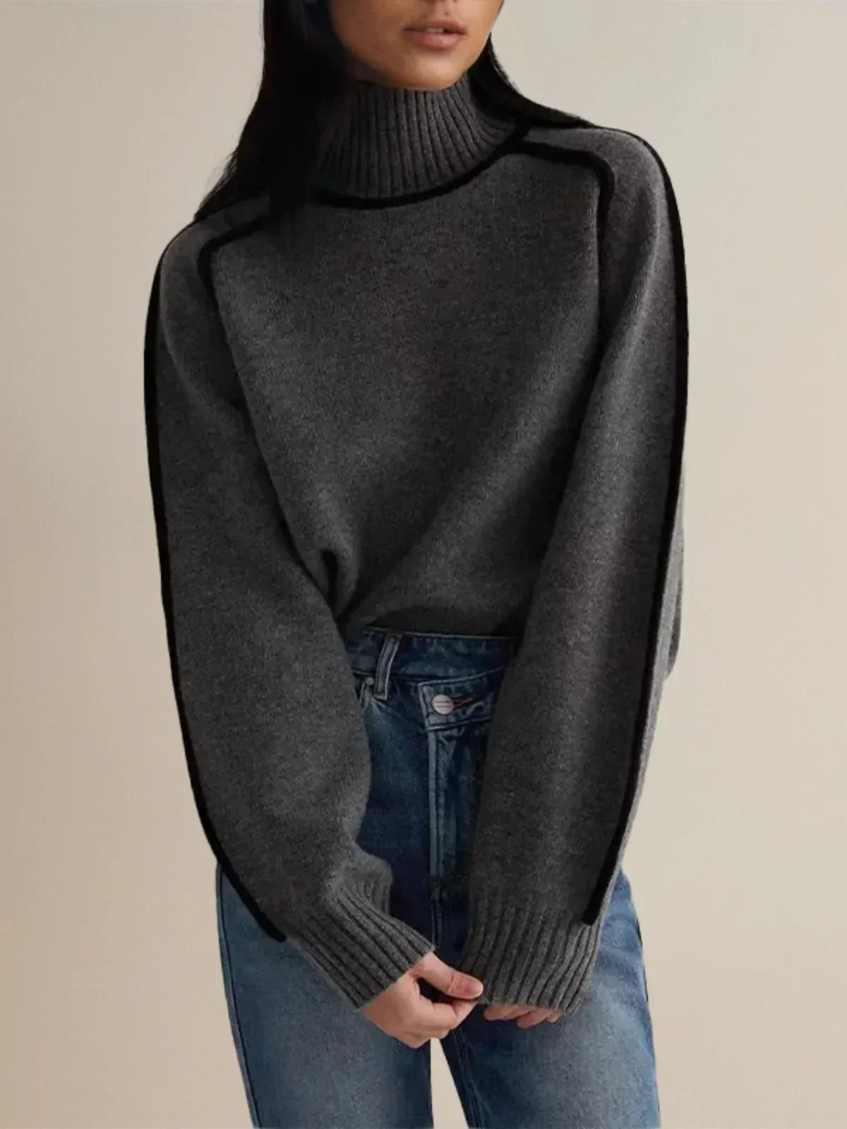 Elegant Turtleneck Sweater – Soft Medium Knit, Relaxed Fit Sweater with Contrast Piping