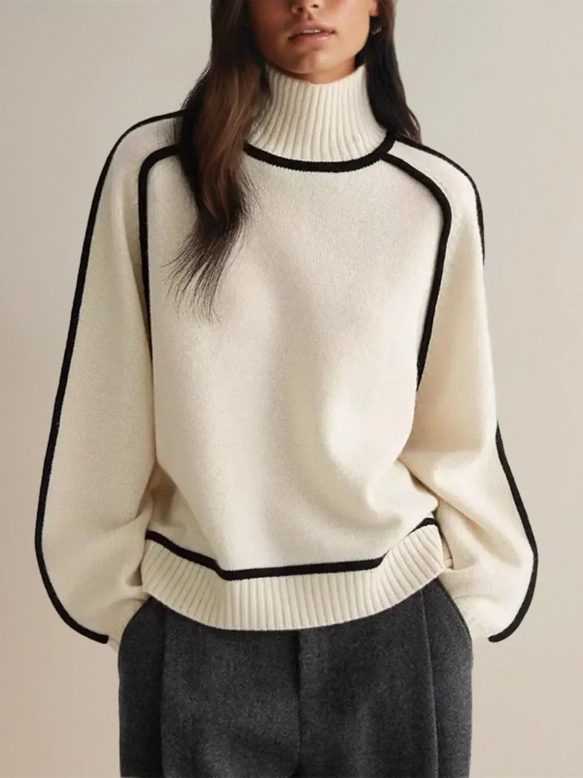 Elegant Turtleneck Sweater – Soft Medium Knit, Relaxed Fit Sweater with Contrast Piping