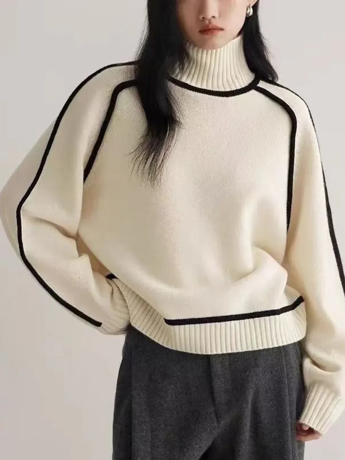 Elegant Turtleneck Sweater – Soft Medium Knit, Relaxed Fit Sweater with Contrast Piping