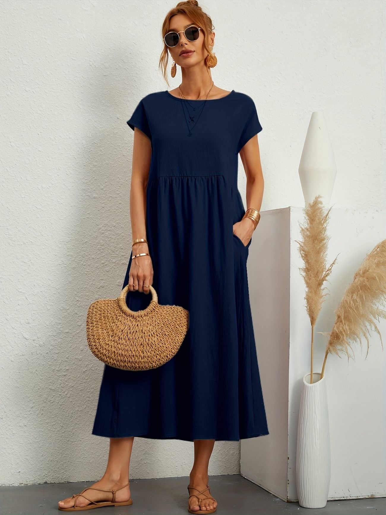Maria Casual Dress - Breathable Cotton Fabric, Flattering Silhouette Dress With Pockets