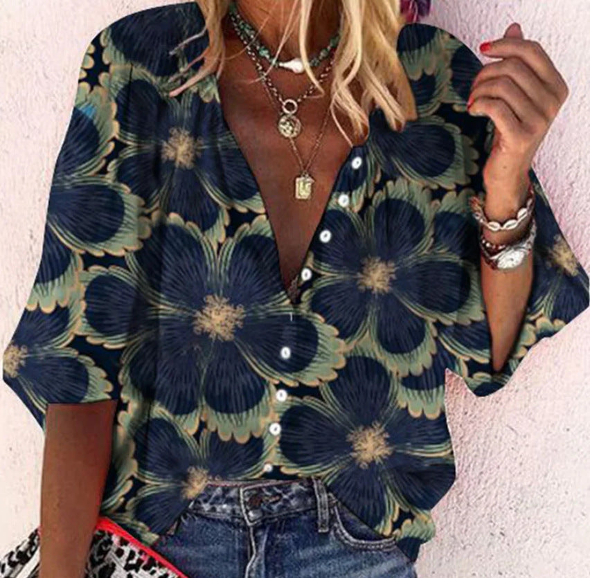 Boho Chic Blouse – Elegant V Neck Polyester Top With Relaxed Fit