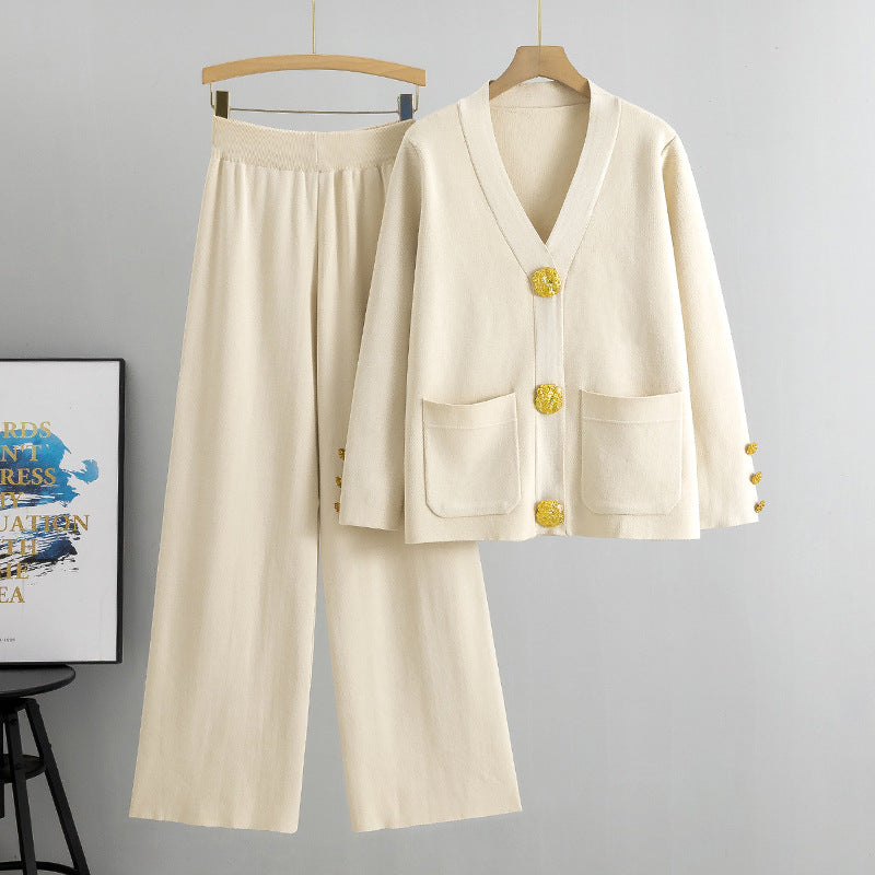 Luxe Co-Ord Set - Elegant Cardigan & Wide-Leg Trousers | Neutral Tones Outfit