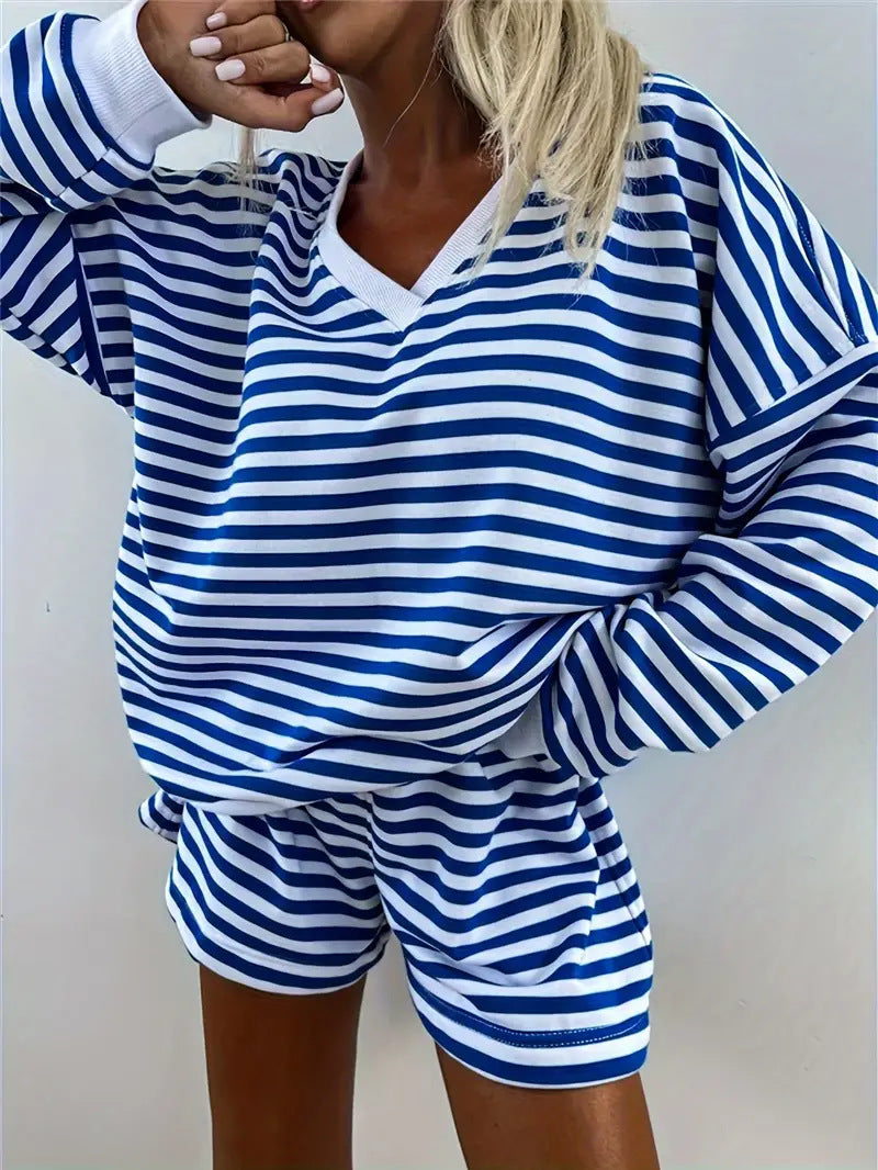 Relaxed Fit Lounge Set – Striped V-Neck Two-Piece Casual Loungewear for Women