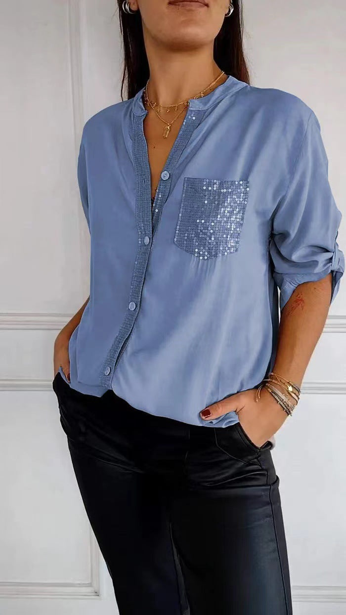 Chic Glamour Top - Elegant Black Sequin Detail Button-Up Blouse for Night Out