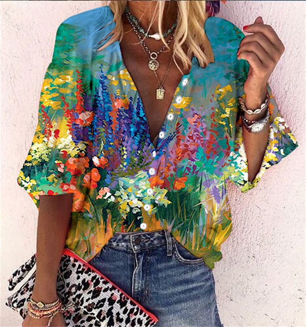 Boho Chic Blouse – Elegant V Neck Polyester Top With Relaxed Fit