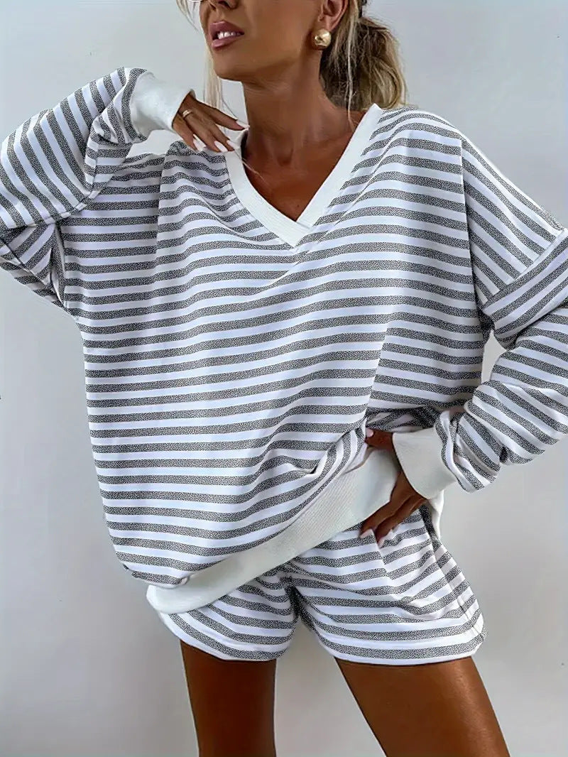 Relaxed Fit Lounge Set – Striped V-Neck Two-Piece Casual Loungewear for Women