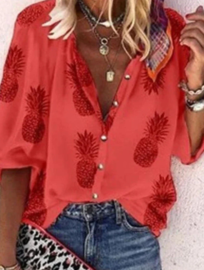 Boho Chic Blouse – Elegant V Neck Polyester Top With Relaxed Fit