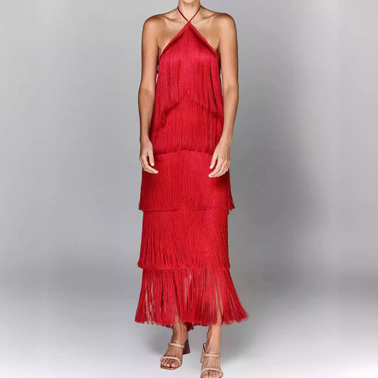 Edina Tassel Dress - Elegant Sleeveless Party Gown with Halter Neck