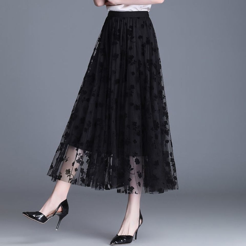 Floral Midi Skirt – Elegant Layered Mesh Skirt with Embroidered Design