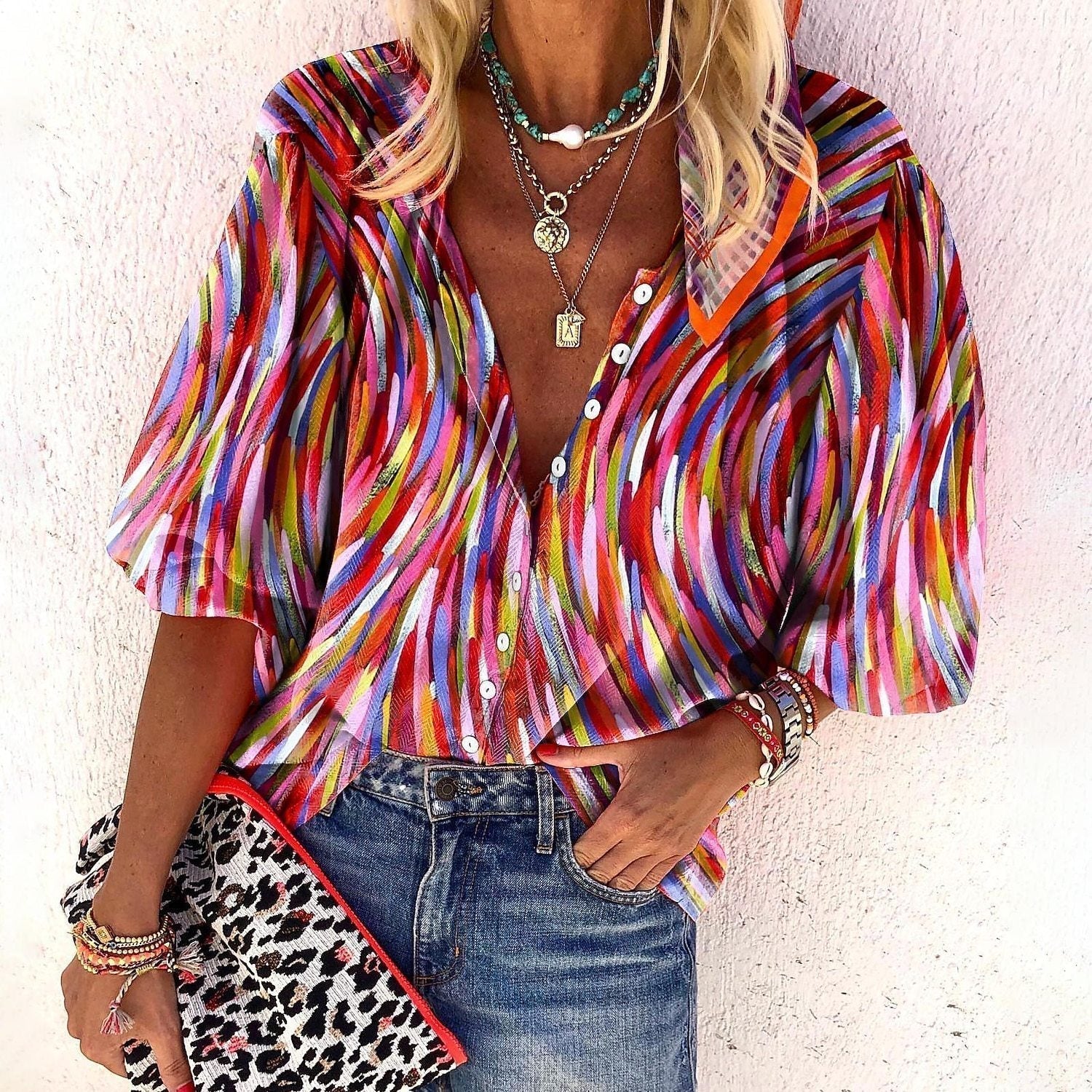 Boho Chic Blouse – Elegant V Neck Polyester Top With Relaxed Fit