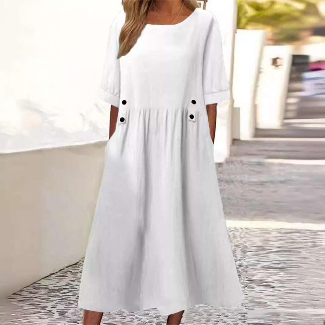 Cotton Linen Dress - Lightweight Summer Dress With Relaxed Fit & Round Neckline