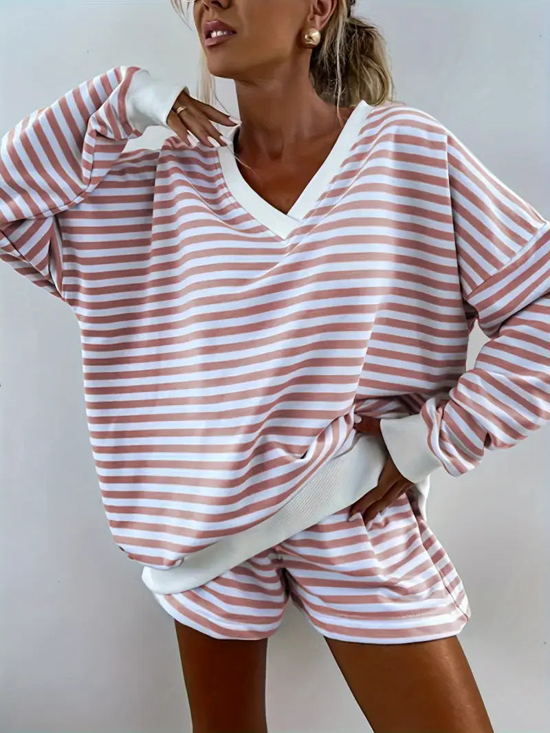 Relaxed Fit Lounge Set – Striped V-Neck Two-Piece Casual Loungewear for Women