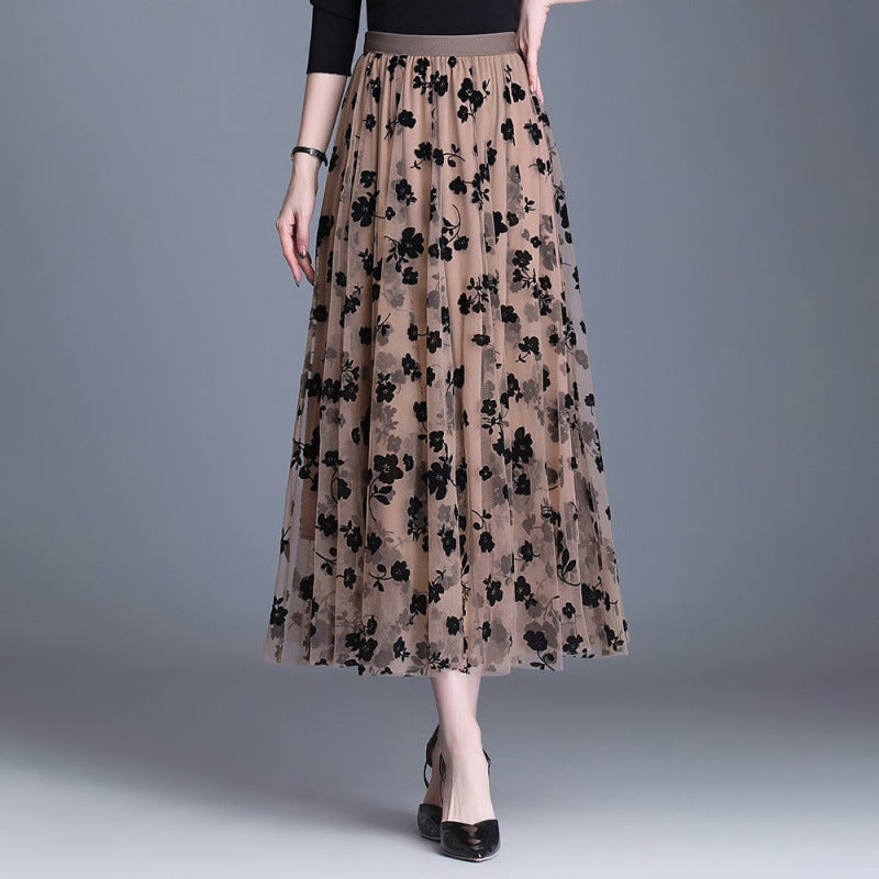 Floral Midi Skirt – Elegant Layered Mesh Skirt with Embroidered Design