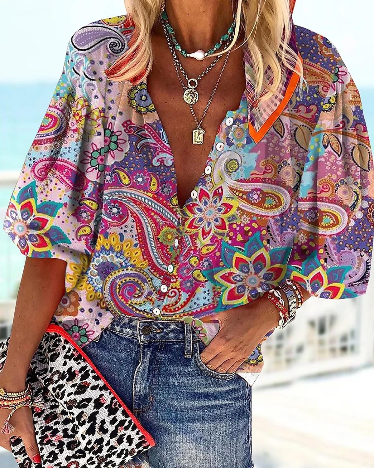 Boho Chic Blouse – Elegant V Neck Polyester Top With Relaxed Fit