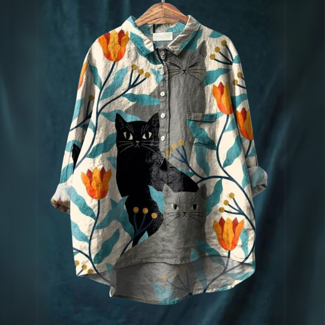 Art Inspired Blouse – Lightweight Breathable Women's Autumn Shirt With Cat Art
