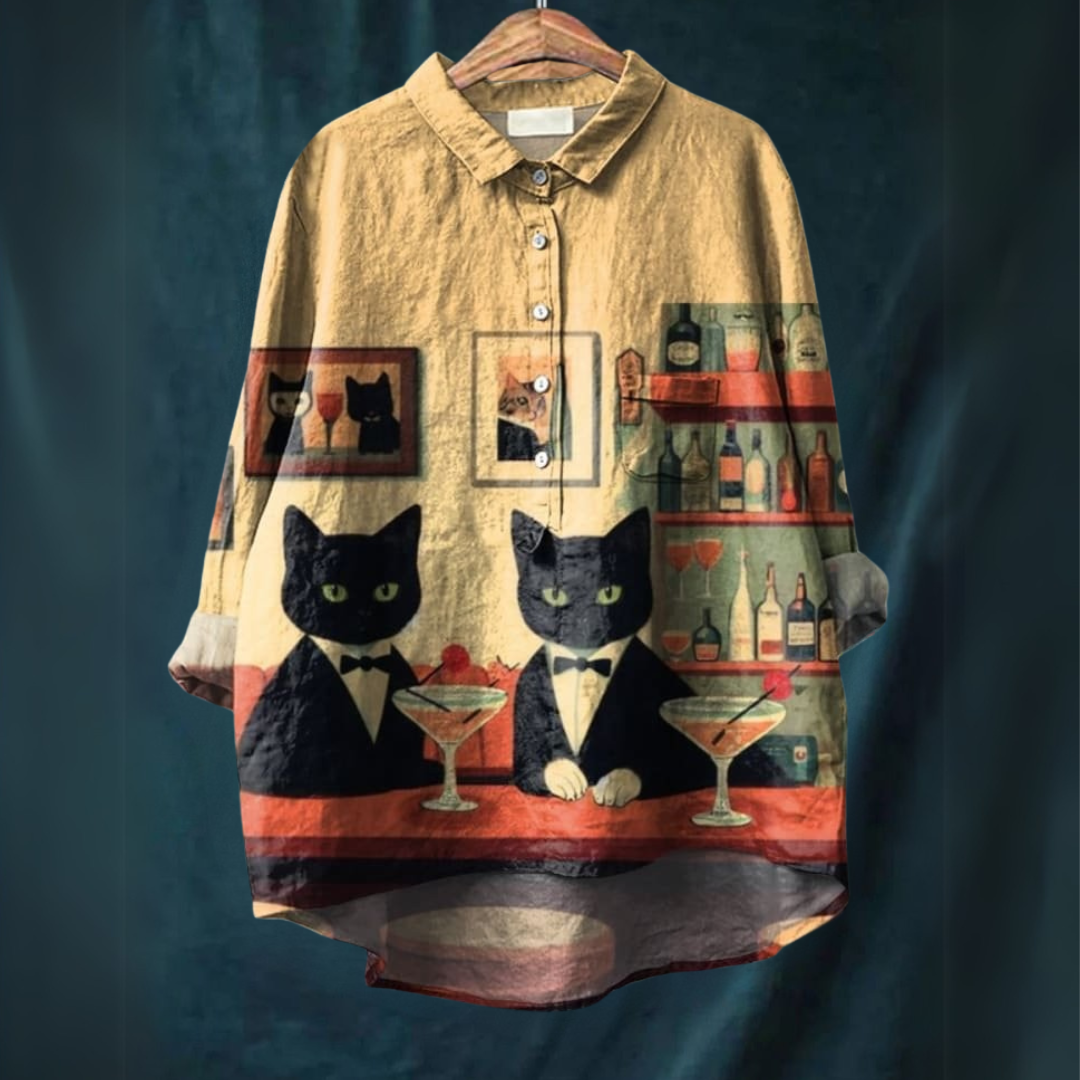 Art Inspired Blouse – Lightweight Breathable Women's Autumn Shirt With Cat Art