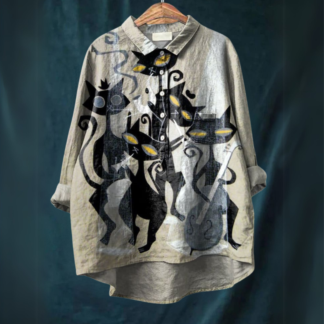 Art Inspired Blouse – Lightweight Breathable Women's Autumn Shirt With Cat Art
