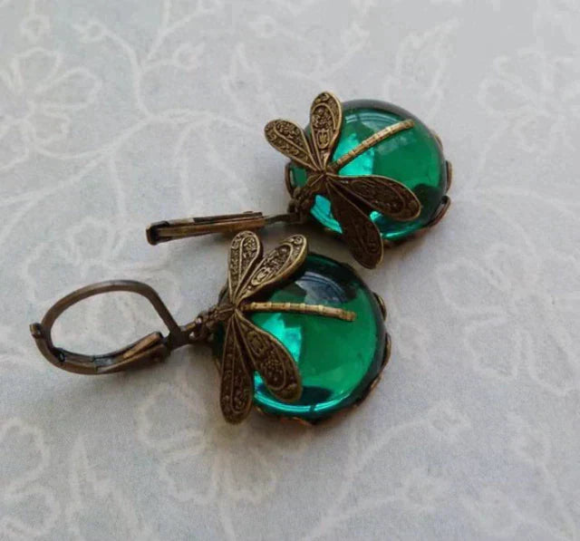 Dragonfly Earrings – Spherical Antique Gold Artisan Crafted Statement Jewelry
