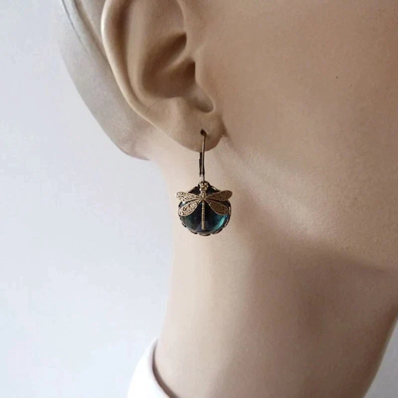 Dragonfly Earrings – Spherical Antique Gold Artisan Crafted Statement Jewelry