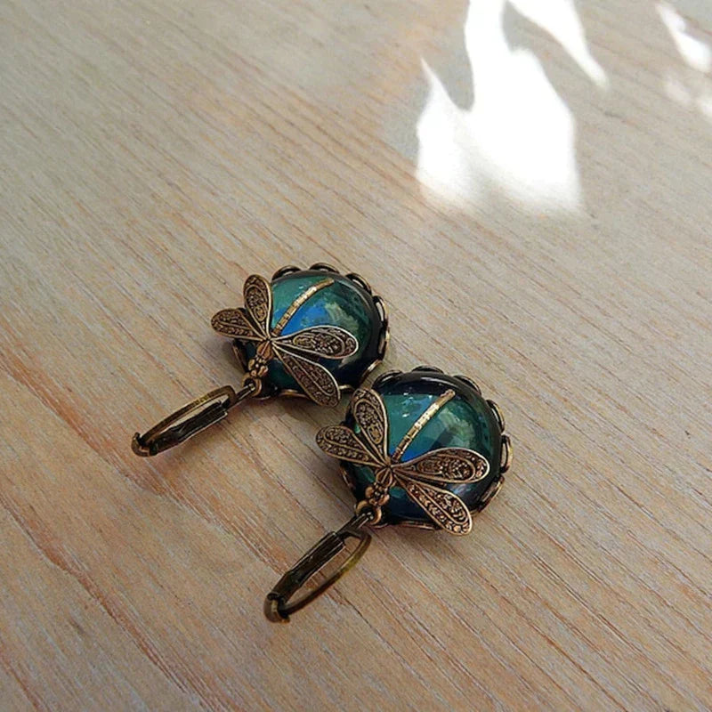 Dragonfly Earrings – Spherical Antique Gold Artisan Crafted Statement Jewelry