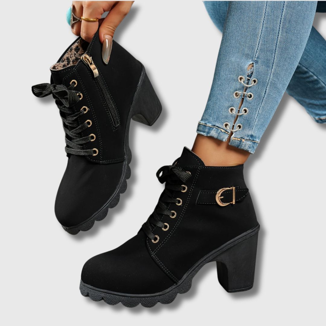Heeled Ankle Boots – Casual Comfortable Lace-Up Block Heel Footwear
