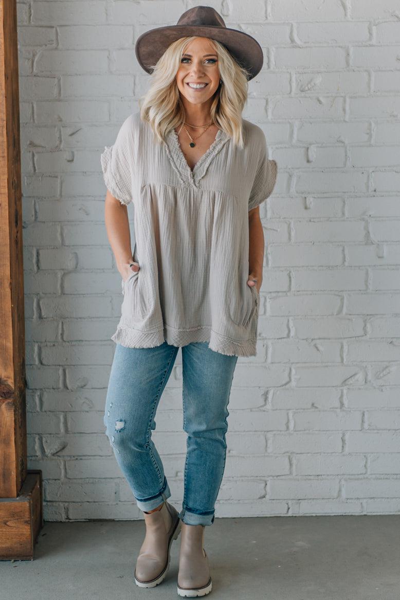 Raw Edge Gauze Top – Lightweight Cotton Babydoll Style Blouse with Side Pockets