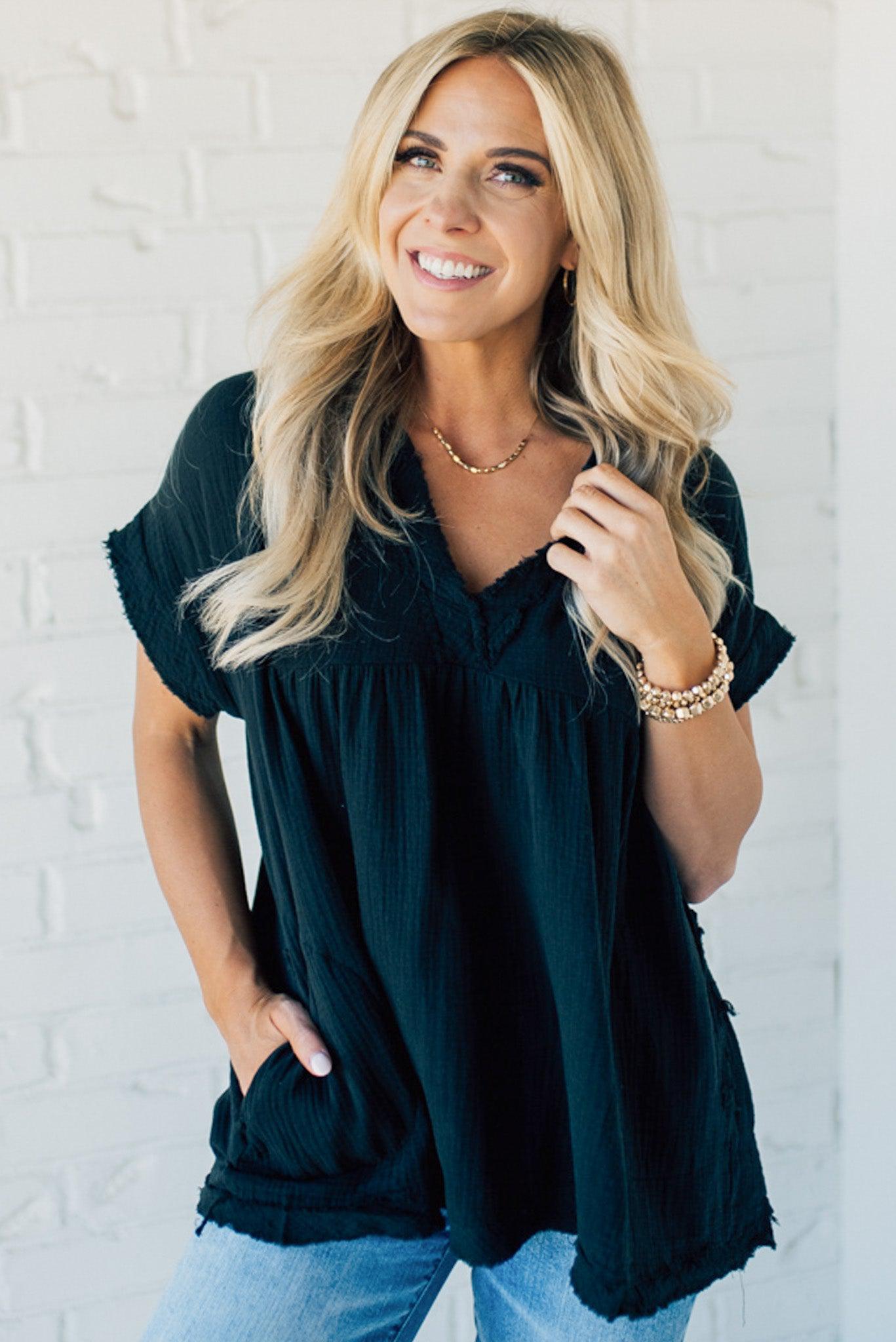 Raw Edge Gauze Top – Lightweight Cotton Babydoll Style Blouse with Side Pockets