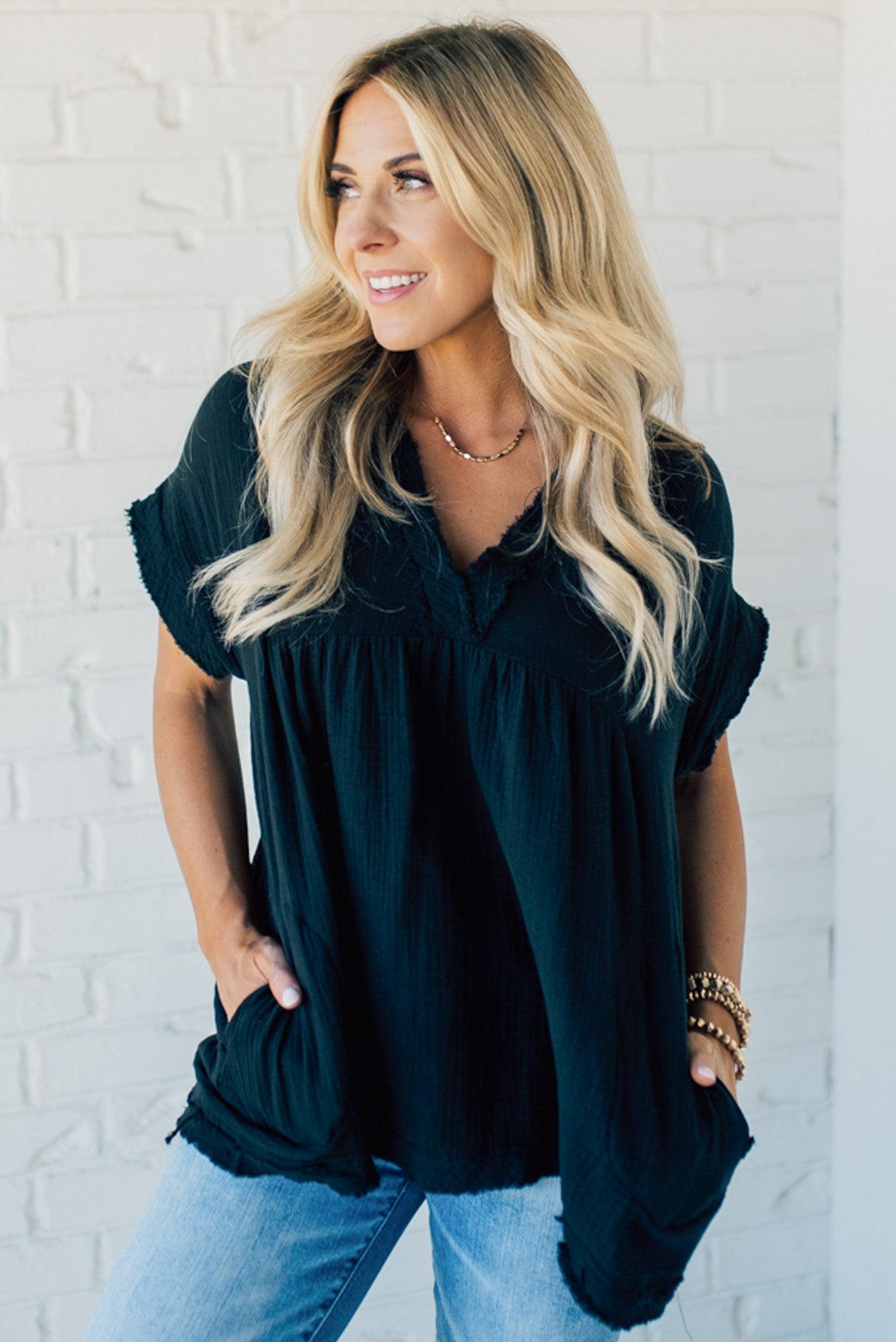 Raw Edge Gauze Top – Lightweight Cotton Babydoll Style Blouse with Side Pockets