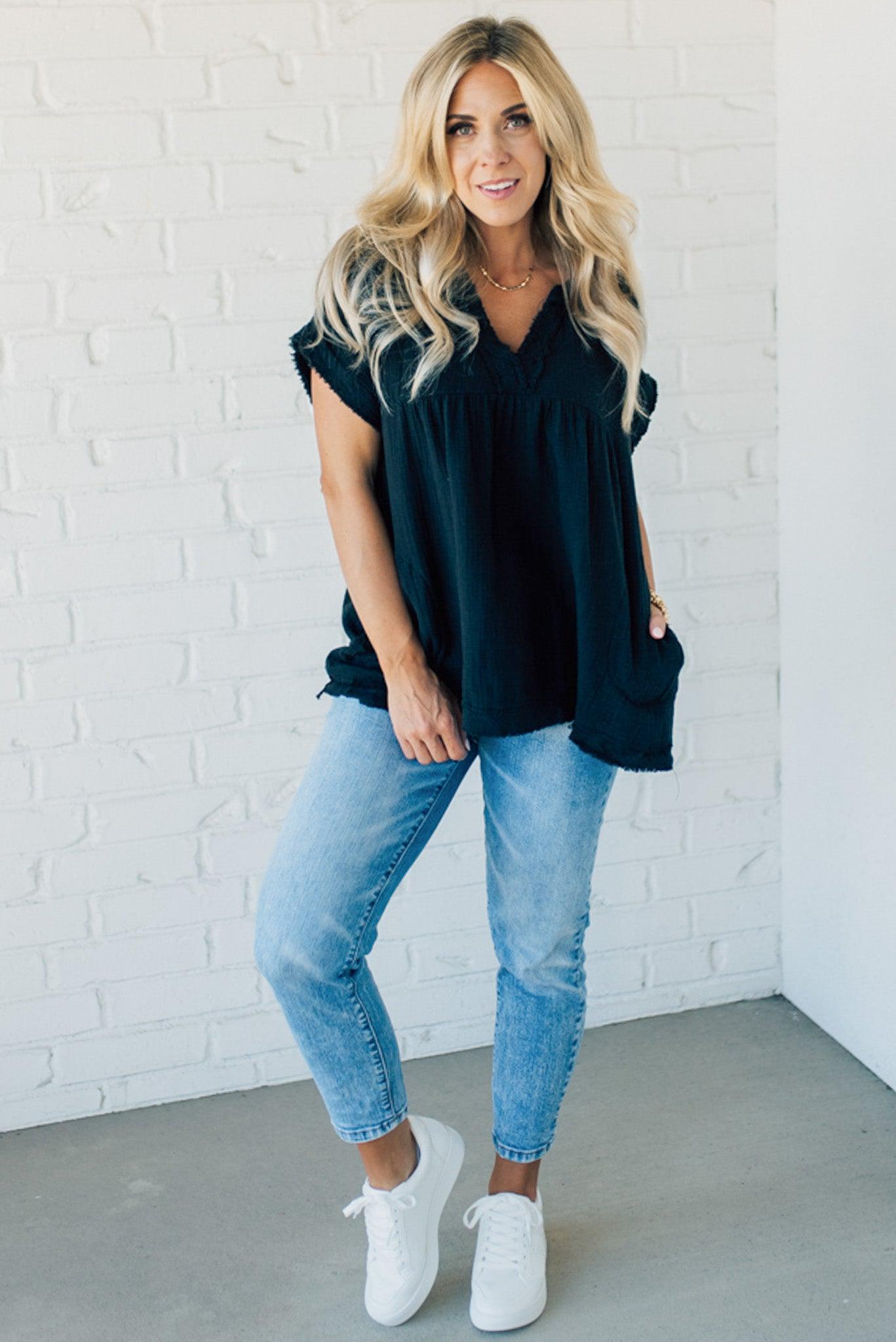 Raw Edge Gauze Top – Lightweight Cotton Babydoll Style Blouse with Side Pockets