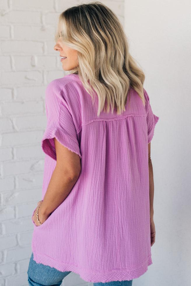 Raw Edge Gauze Top – Lightweight Cotton Babydoll Style Blouse with Side Pockets