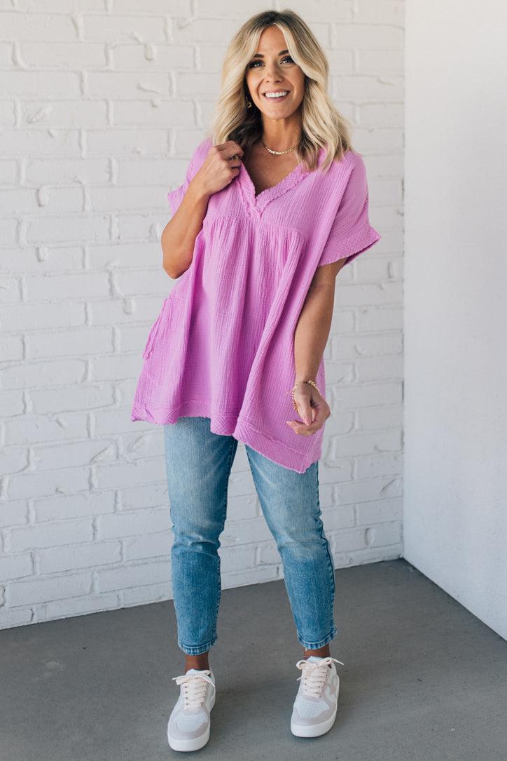 Raw Edge Gauze Top – Lightweight Cotton Babydoll Style Blouse with Side Pockets