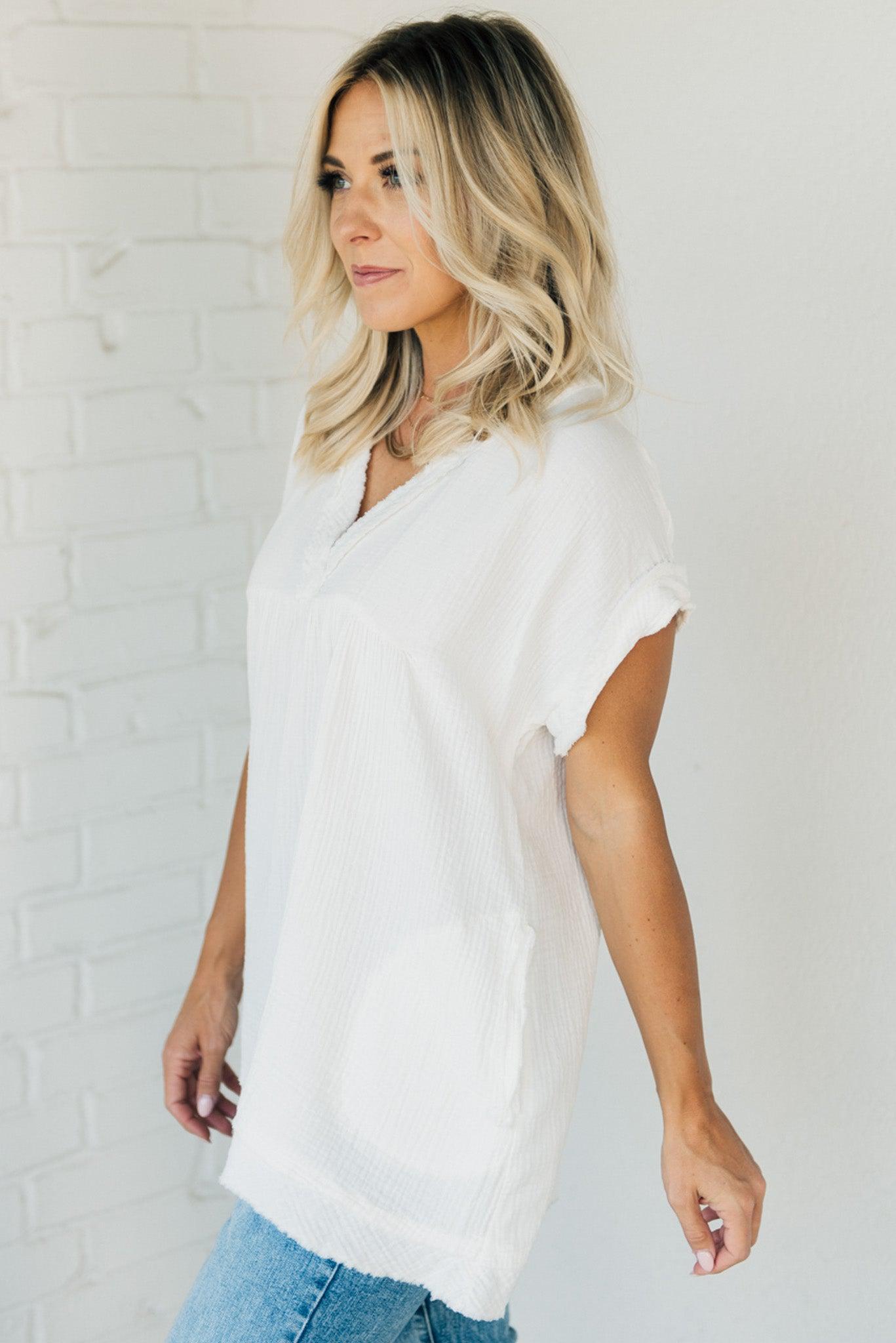 Raw Edge Gauze Top – Lightweight Cotton Babydoll Style Blouse with Side Pockets