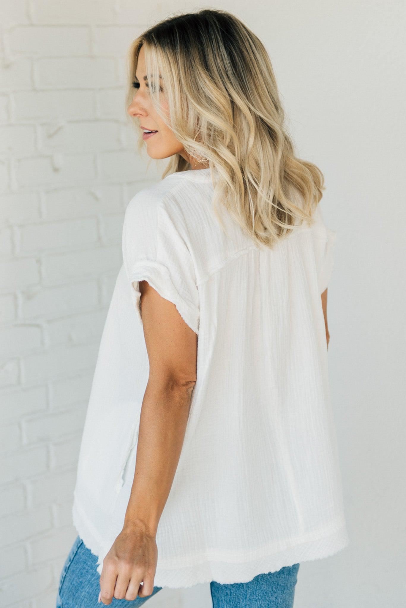 Raw Edge Gauze Top – Lightweight Cotton Babydoll Style Blouse with Side Pockets